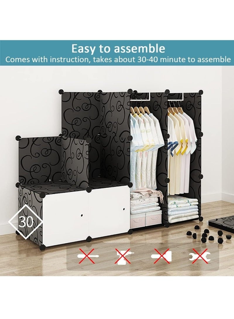WALALLA Portable Closets Cube Wardrobe 15 Cube Modular Storage Cabinet with 2 Hanging Rail & Door Large Organizer Cupboard Combination Bedroom Armoire Plastic Bin Clothing Cabinet for Books Toys Towels Shoes - Image 4